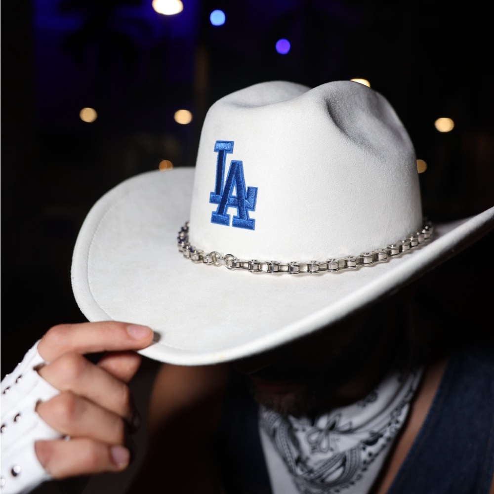 White Cowboy Hat with Blue Embroidery